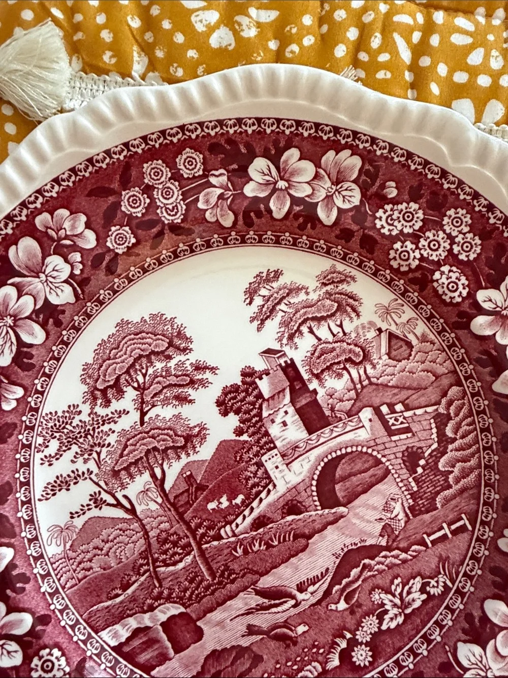 Spode Red Transferware Scenic Decorative Charger with Scalloped Edge